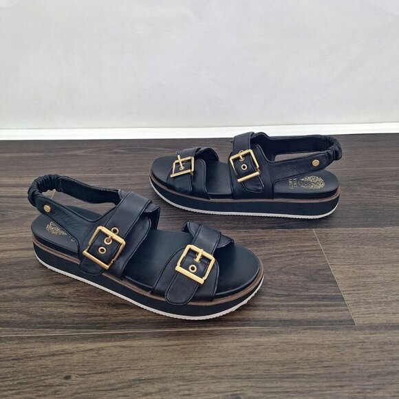 💙 Vince Camuto Anivay Leather Platform Sandals Size 11 Black Gold - Picture 1 of 8
